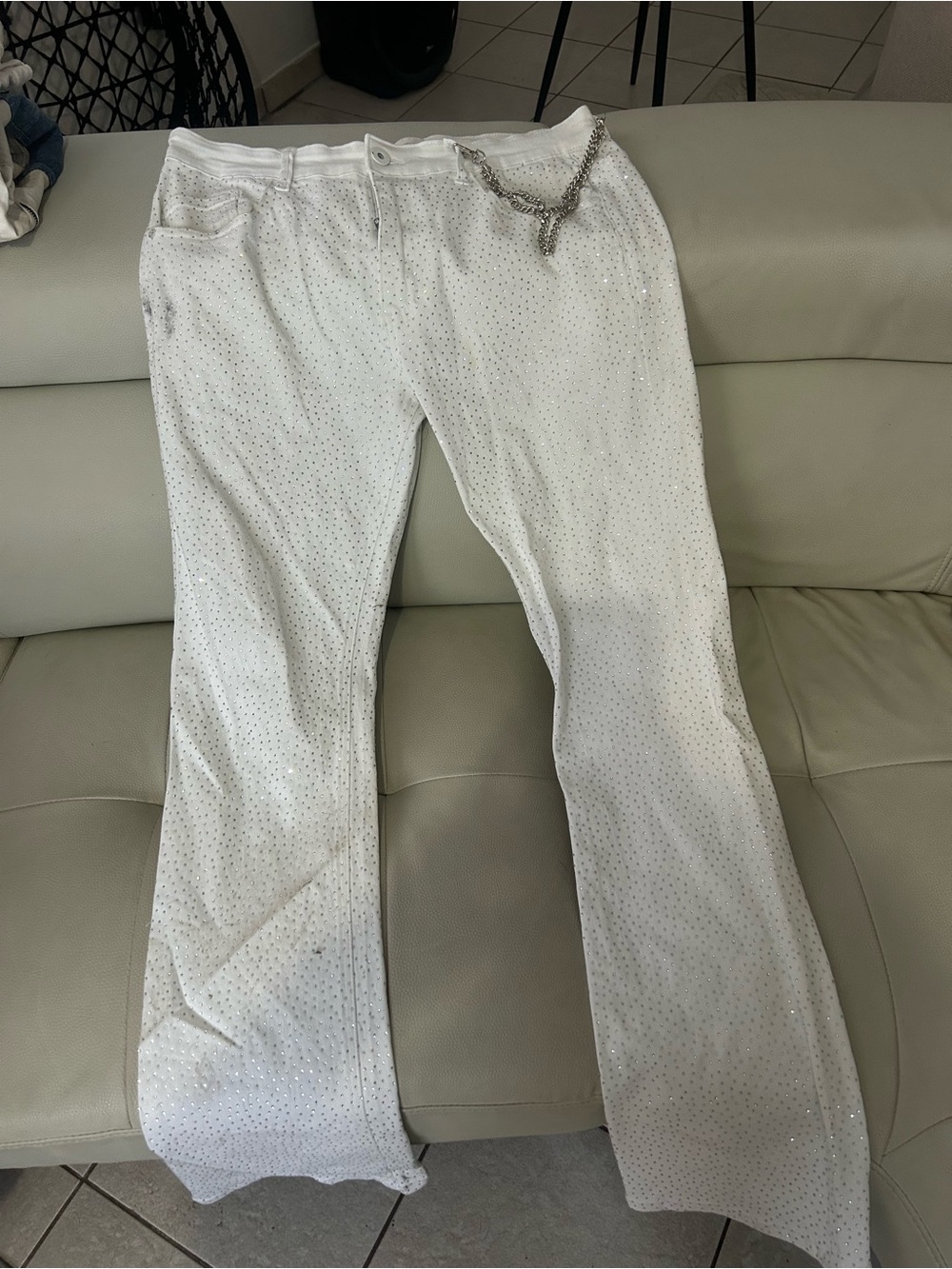 Men's White Cargo Pants with Subtle Rhinestone Accents